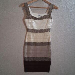 Cache Bandage Mini Cocktail Dress Sz 4 Neutral Lace Layers Bodycon Soft Romantic